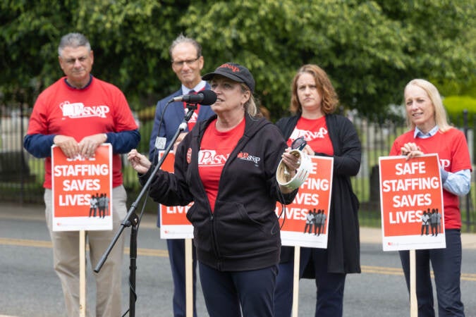 PASNAP president Maureen May rallied with nurses picketing outside Crozer-Chester Medical Center in Upland Pa., on May 19, 2023. (Kimberly Paynter/WHYY)