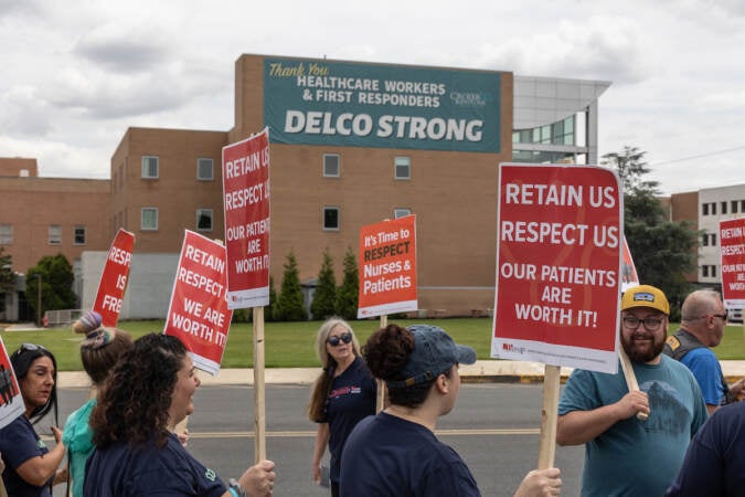 PASNAP nurses marched in front of Crozer-Chester Medical Center in Upland, Pa., on May 19, 2023. (Kimberly Paynter/WHYY)