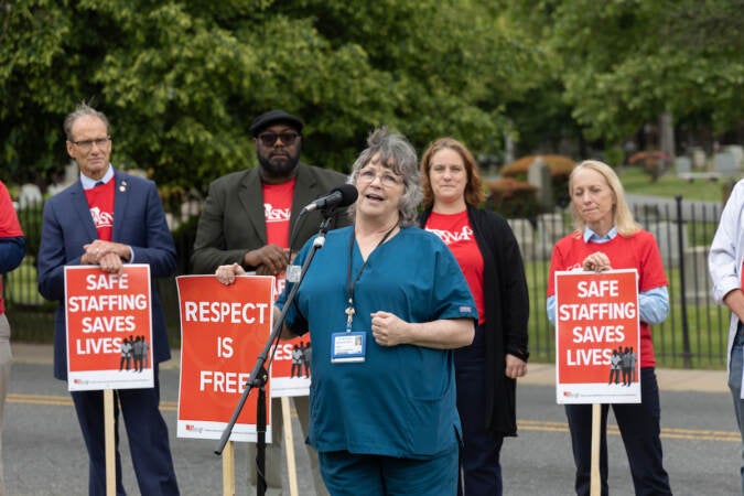 Speech therapist Rosalind Mayo rallied with nurses picketing outside Crozer-Chester Medical Center in Upland Pa., on May 19, 2023. (Kimberly Paynter/WHYY)