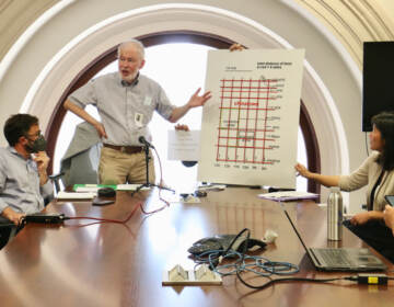 Edward Gruberg points towards a map as other people seated at a conference table look on.