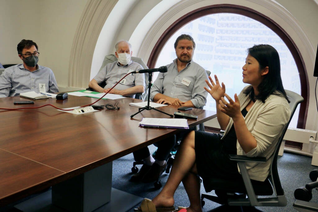 Jenny Chen speaks to a group of people at a meeting.