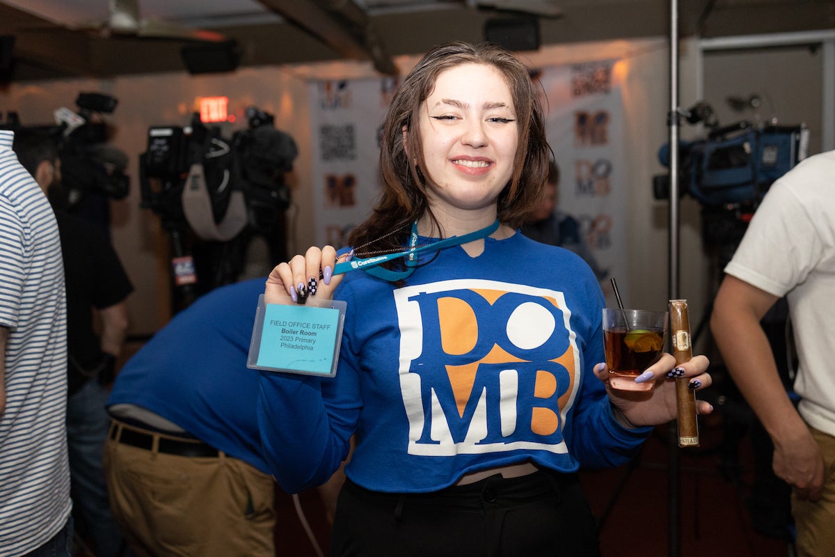 Campaign intern Skylar Goodman at the election night party for Allan Domb at the Continental Midtown in Rittenhouse. (Becca Haydu/WHYY)