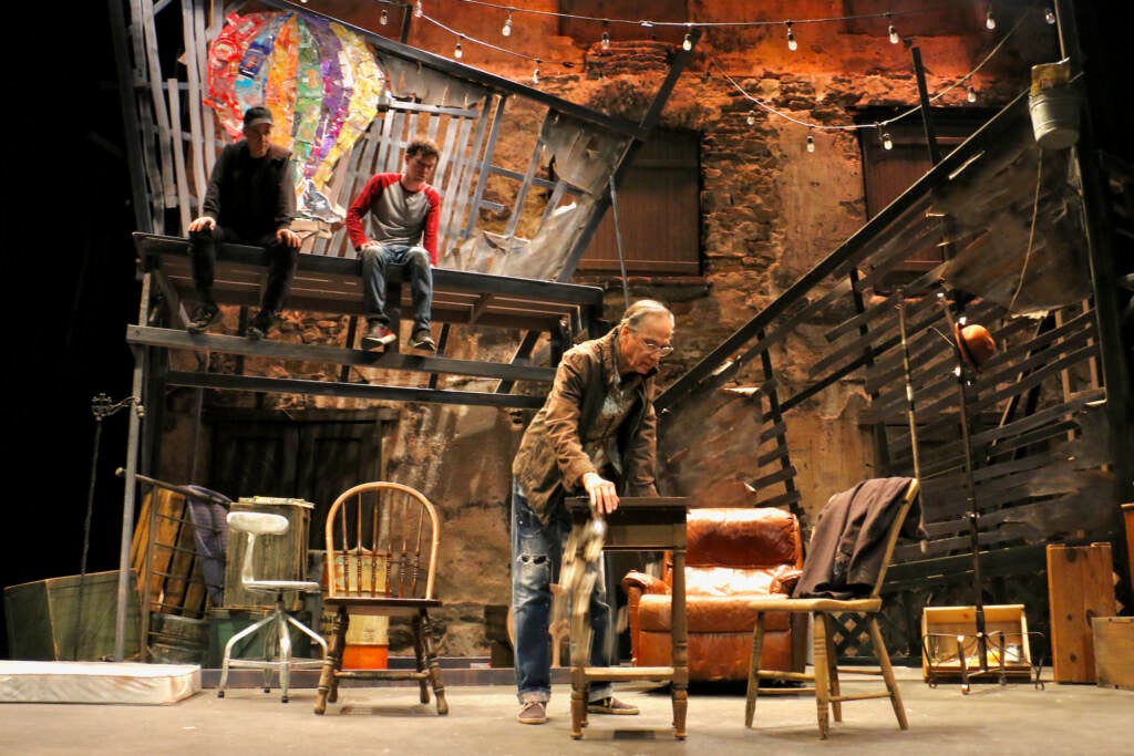 Daniel Passer (Finneas), Michael Stahler (The Boy), and David Shiner (Quinton) rehearse a scene onstage.