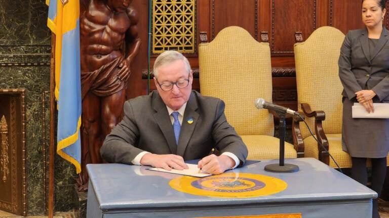 Philadelphia Mayor Jim Kenney signs an Executive Order creating the position of transition director ahead of the 2023 Primary Elections for city mayor