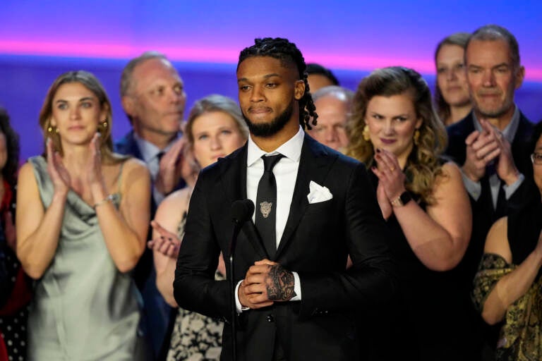 Buffalo Bills' Damar Hamlin speaks in front of University of Cincinnati Medical Center staff during the NFL Honors award show ahead of Super Bowl 57