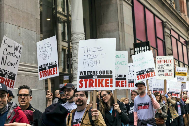 Members of the Writers Guild of America union protest outside the Netflix headquarters near Union Square, Wednesday, May 3, 2023, in New York. 
(AP Photo/Stefan Jeremiah)