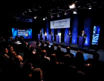 Mayoral candidates, from left to right, Jeff Brown, Helen Gym, Rebecca Rhynhart, Cherelle Parker, state Rep. Amen Brown and Allan Domb take part in a Democratic primary debate at the WPVI-TV studio in Philadelphia on April 25, 2023. In Philadelphia's first mayoral race since crime spiked during the coronavirus pandemic, the crowded Democratic field is trying to make public safety a campaign cornerstone, advocating approaches that range from mental health interventions and cleaner streets to echoes of “tough-on-crime” Republican rhetoric. 
(AP Photo/Matt Rourke, File)