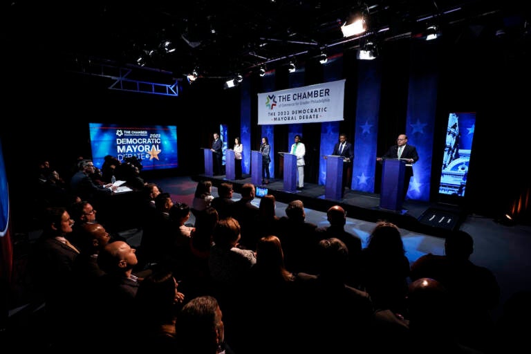 Mayoral candidates, from left to right, Jeff Brown, Helen Gym, Rebecca Rhynhart, Cherelle Parker, state Rep. Amen Brown and Allan Domb take part in a Democratic primary debate at the WPVI-TV studio in Philadelphia on April 25, 2023. In Philadelphia's first mayoral race since crime spiked during the coronavirus pandemic, the crowded Democratic field is trying to make public safety a campaign cornerstone, advocating approaches that range from mental health interventions and cleaner streets to echoes of “tough-on-crime” Republican rhetoric. 
(AP Photo/Matt Rourke, File)