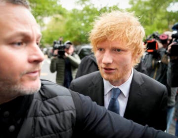 Recording artist Ed Sheeran arrives to New York Federal Court as proceedings continue in his copyright infringement trial, Thursday, May 4, 2023, in New York. 
(AP Photo/John Minchillo)