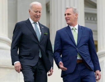 President Joe Biden talks with House Speaker Kevin McCarthy of Calif., as they walk down the House steps as they leave after attending an annual St. Patrick's Day luncheon gathering at the Capitol in Washington, March 17, 2023. The Tuesday, May 9, White House sitdown between the president and congressional leaders will be the first substantive talks between Biden and McCarthy in months, and comes weeks after House Republicans voted on a bill that would raise the debt limit but impose significant federal spending cuts
