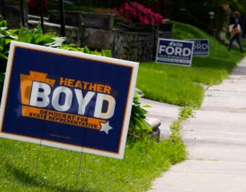 Campaign signs for Heather Boyd and Katie Ford are seen, Thursday, May 4, 2023, in Aldan, Pa. The two are running in a special election in the Philadelphia suburbs that will determine whether Democrats in the Pennsylvania House of Representatives will maintain control of the chamber or if Republicans will reclaim the majority control they held for 12 years until this January