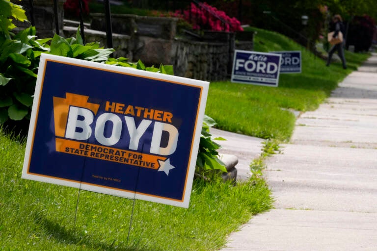 Campaign signs for Heather Boyd and Katie Ford are seen, Thursday, May 4, 2023, in Aldan, Pa. The two are running in a special election in the Philadelphia suburbs that will determine whether Democrats in the Pennsylvania House of Representatives will maintain control of the chamber or if Republicans will reclaim the majority control they held for 12 years until this January