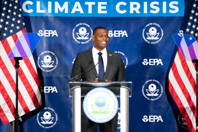 Environmental Protection Agency Administrator Michael Regan speaks about new proposed limits on greenhouse gas emissions from coal- and gas-fired power plants during an event at the University of Maryland on Thursday, May 11, 2023, in College Park