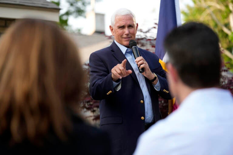 Former Vice President Mike Pence speaks to local residents during a meet and greet, Tuesday, May 23, 2023, in Des Moines, Iowa