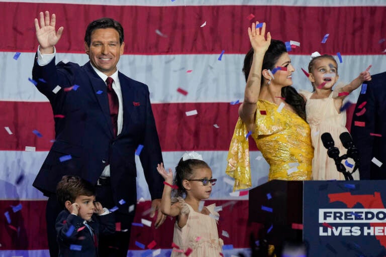 Incumbent Florida Republican Gov. Ron DeSantis, his wife Casey and their children on stage after speaking to supporters at an election night party after winning his race for reelection in Tampa, Fla., Nov. 8, 2022. (AP Photo/Rebecca Blackwell, File)