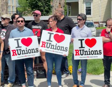 Union members showing support during a news conference at Rutgers University-New Brunswick on Mon., May 8, 2023