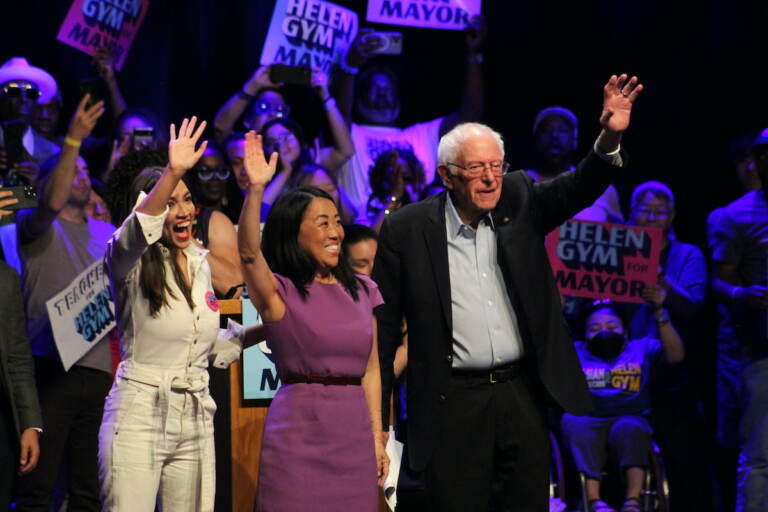 U.S. Representative Alexandria Ocasio-Cortez (left), Philadelphia's Democratic mayoral candidates, Helen Gym (center) and U.S. Senator Bernie Sanders (right)