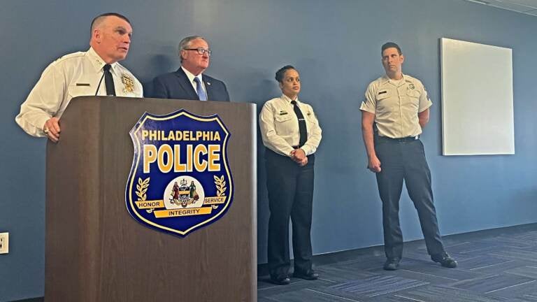 Deputy Commissioner James Kelly, Mayor Jim Kenney, Commissioner Danielle Outlaw and Sgt Eric Gripp give an update on Philadelphia Police Department strategy ahead of summer