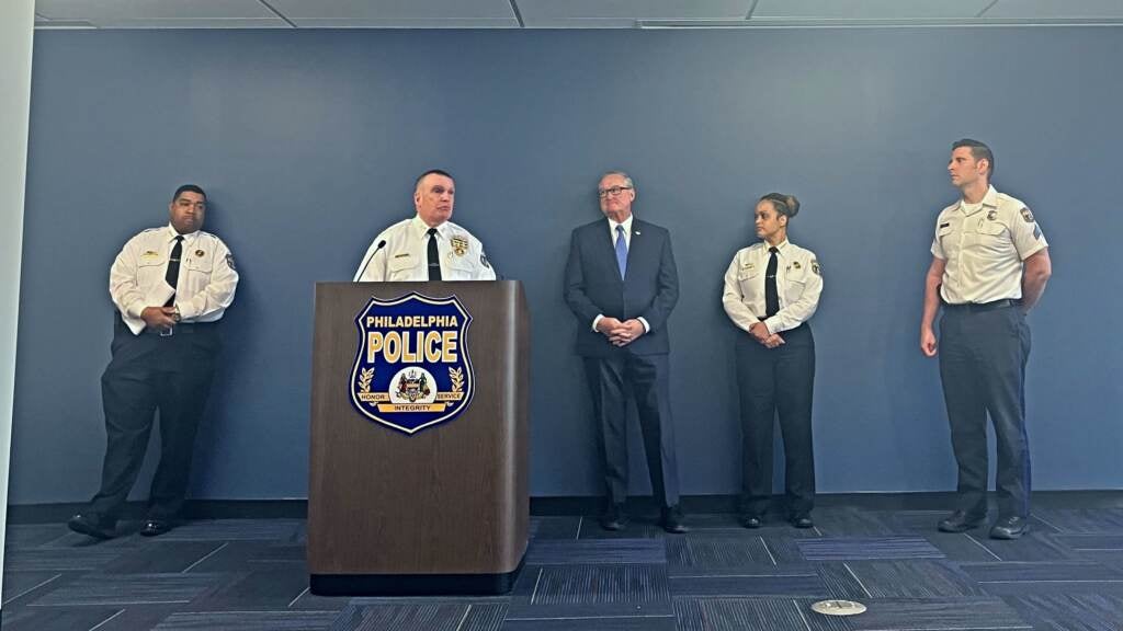 First Deputy Commissioner John Stanford, Deputy Commissioner James Kelly, Mayor Jim Kenny, Commissioner Danielle Outlaw and Sgt Eric Gripp make an announcement about public safety plans ahead of summer. (Sammy Caiola/WHYY)