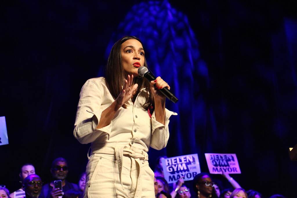 U.S. Rep Alexandria Ocasio-Cortez speaks on behalf of Philadelphia mayoral candidate Helen Gym durin a rally at Franklin Music Hall