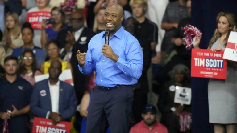 Sen. Tim Scott, R-S.C. gives remarks at his presidential campaign announcement event at his alma mater, Charleston Southern University, on Monday, May 22, 2023, in North Charleston, S.C. Scott formalized his bid last week with federal campaign paperwork. (AP Photo/Meg Kinnard)