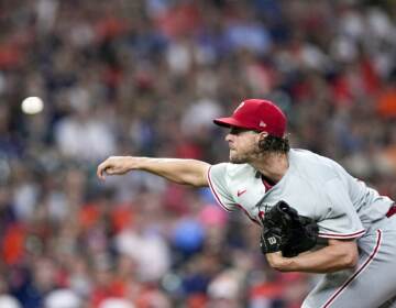 Phillies starting pitcher Aaron Nola throws against the Houston Astros during the first inning of a baseball game Friday, April 28,