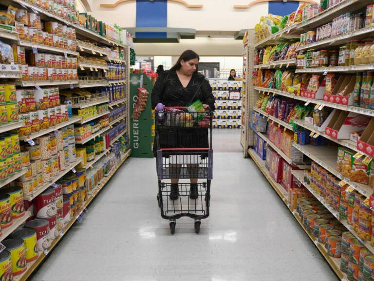 Jaqueline Benitez pushes her cart down an aisle as she shops for groceries.