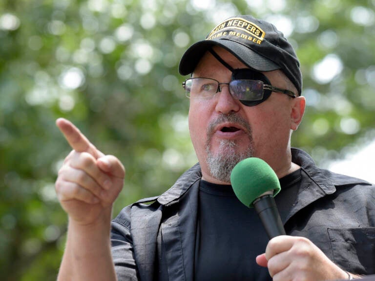Stewart Rhodes, founder of the citizen militia group known as the Oath Keepers, speaks during a rally outside the White House on June 25, 2017. (Susan Walsh/AP)