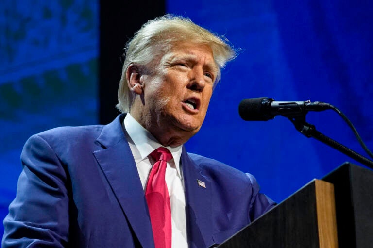 Former President Donald Trump speaks at the National Rifle Association Convention in Indianapolis