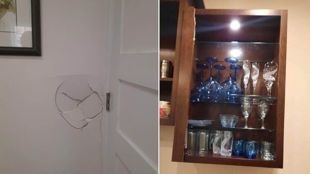 Side by side photos show a hole in an apartment wall and a kitchen cabinet door that is broken off