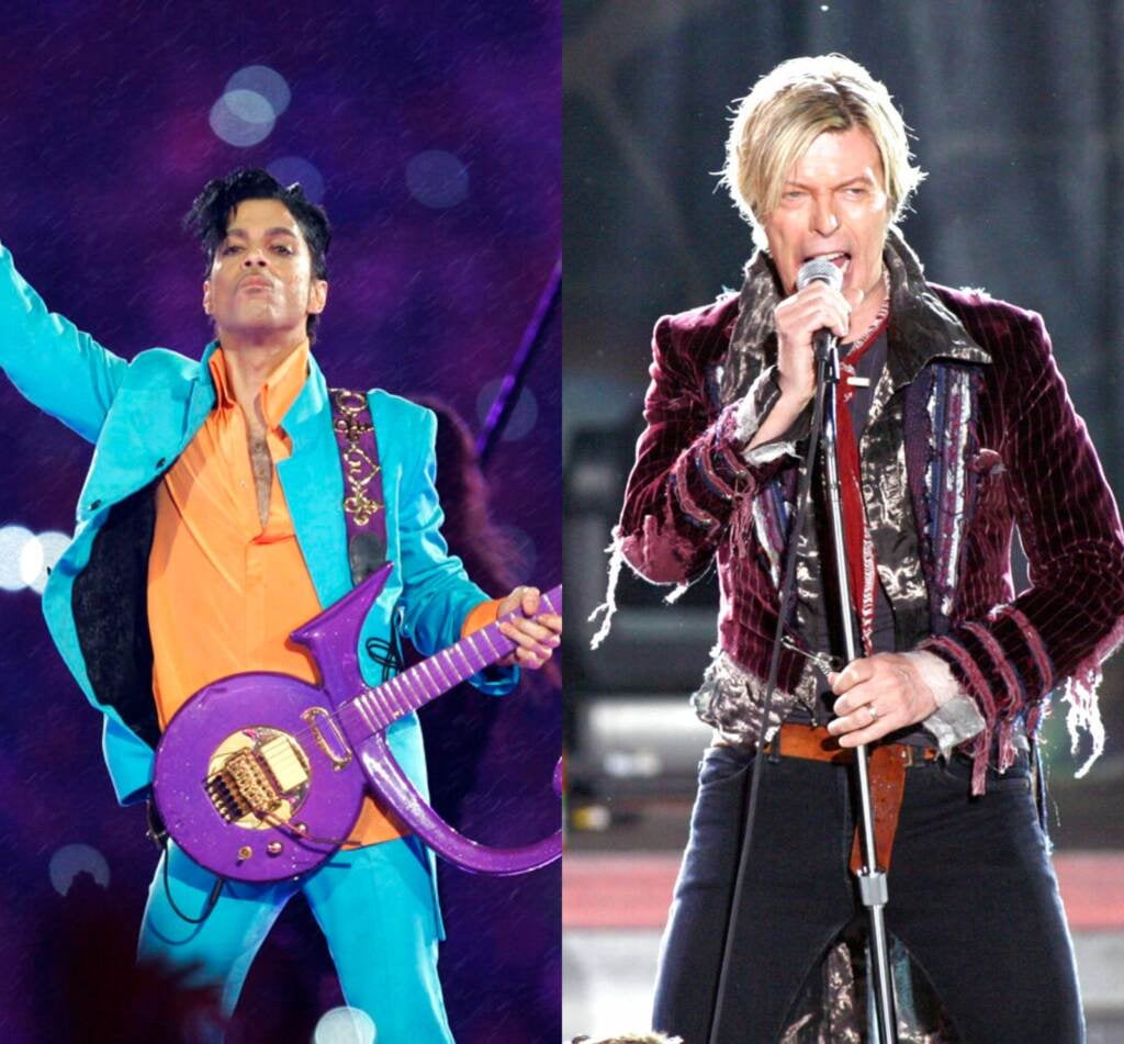 Prince, left, performs, guitar in hand. David Bowie, right, sings into a microphone.