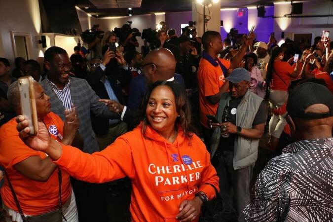 Cherelle Parker's supporters celebrate at Laborers Local 332 as she pulls ahead in the race for mayor of Philadelphia.