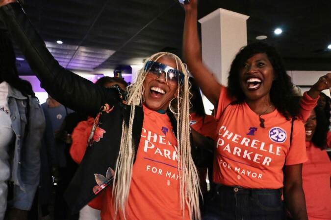 Cherelle Parker's supporters celebrate at Laborers Local 332 as she pulls ahead in the race for mayor of Philadelphia.