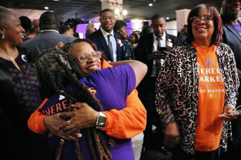Cherelle Parker's supporters celebrate at Laborers Local 332 as she pulls ahead in the race for mayor of Philadelphia. (Emma Lee/WHYY)