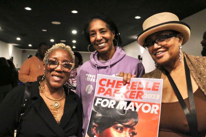 Cherelle Parker supporters (from left) Wanda Davis, Melody Baysmore, and Kittura Dior, celebrate her win in the Philadelphia Democratic mayoral primary.