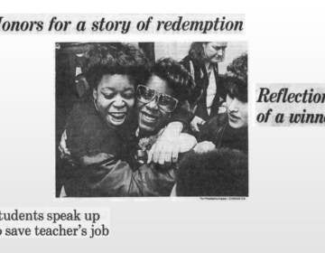 A teenage Cherelle Parker (center) is congratulated by friends and relatives after winning the Philadelphia Black History Oratorical Contest in 1990. Assorted Inquirer headlines from that year reference her win — and her connection with teacher Jeanette Jimenez.