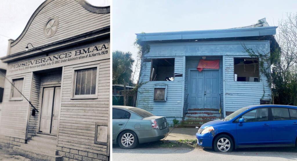 Holy Aid and Comfort Spiritual Church (aka Perseverance Benevolent and Mutual Aid Society Hall), New Orleans, La. "Constructed circa 1880 for the Perseverance Benevolent and Mutual Aid Society, this building hosted early performances by jazz pioneers. ... Damage from recent hurricanes along with vandalism have left the structure in precarious condition." left: National Trust staff right: Williams Research Center of the Historic New Orleans Collection/National Trust for Historic Preservation