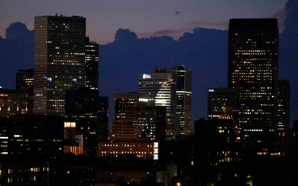 The Denver skyline at night.