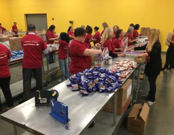 Volunteers sorting food at a food bank.