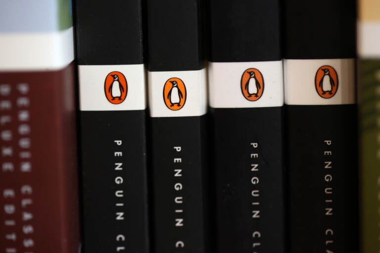 A row of books from Penguin Random House publisher are visible.