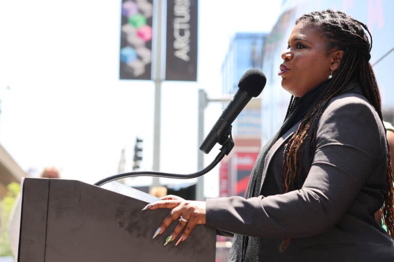 Representative Cori Bush speaks during a press conference held by Just Majority on May 8, 2023 in St Louis, Missouri.