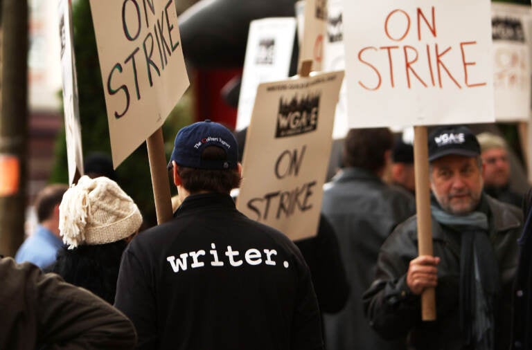 Members of the Writers Guild of America walk the picket line in 2007