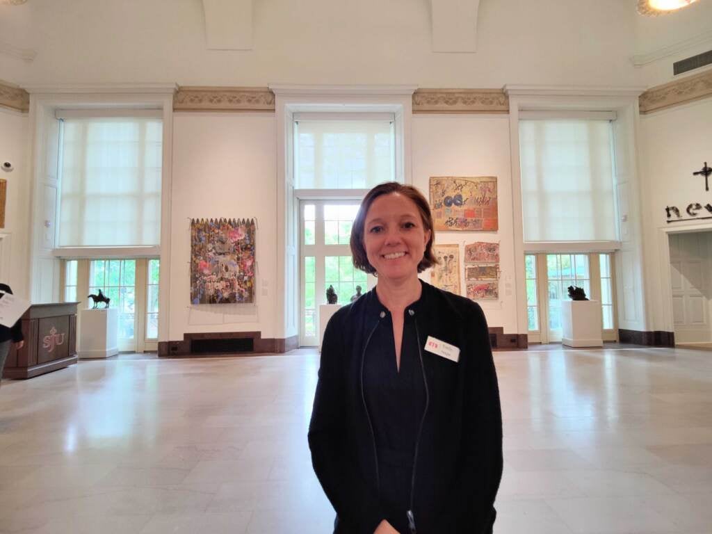 Museum director Emily Hage in the newly renovated Great Hall of the Francis M. Maguire Art Museum, formerly the original Barnes Foundation