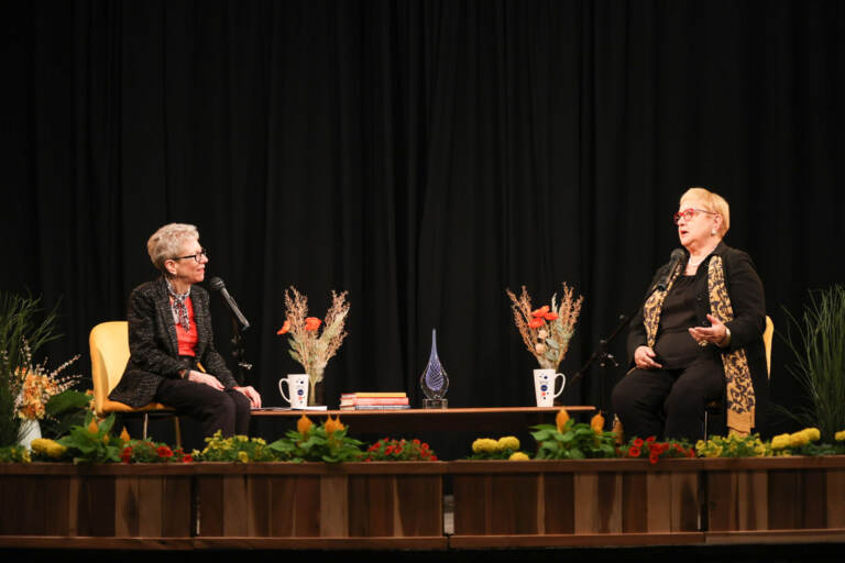 Chef Lidia Bastianich (right) speaks with WHYY Fresh Air host Terry Gross during a ceremony where Bastianich received WHYY’s Lifelong Learning Award on Thursday, May 18, 2023