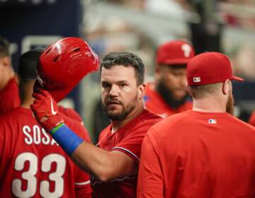 Philadelphia Phillies' Kyle Schwarber celebrates after hitting a two-run homer in the seventh inning of a baseball game against the Atlanta Braves, Sunday, May 28, 2023, in Atlanta