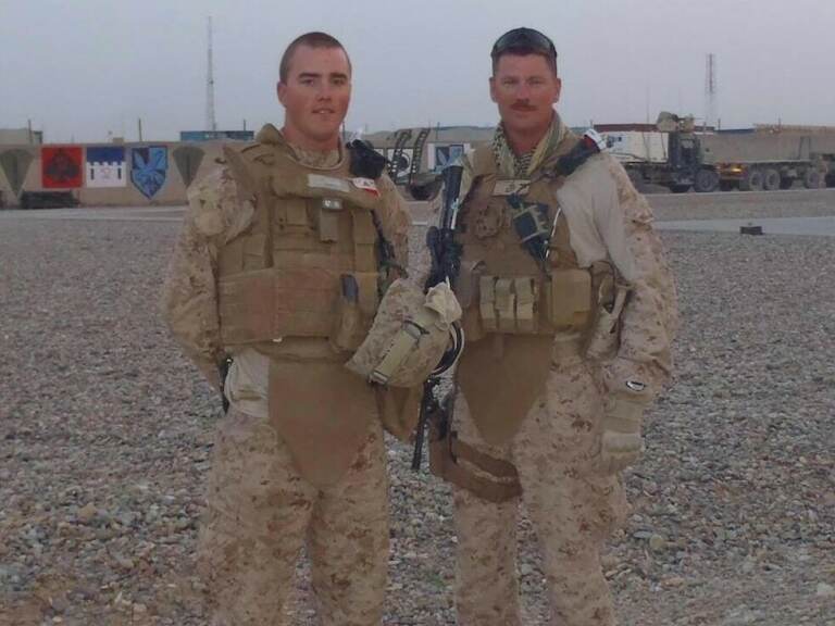 Cole Lyle (left), a Marine Corps veteran and executive director of the veterans advocacy group Mission Roll Call, says a U.S. default would have devastating consequences for former military members who stand to see their benefits suspended.
(Courtesy of Cole Lyle)