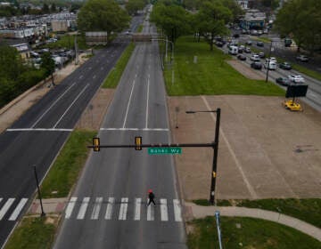 A pedestrian crosses at the westbound side of Roosevelt Boulevard on at the Banks Way crosswalk