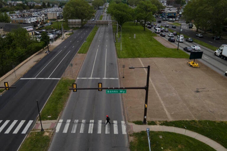 A pedestrian crosses at the westbound side of Roosevelt Boulevard on at the Banks Way crosswalk