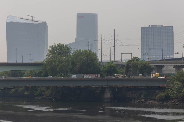 Philadelphia skyline hazy from smoke.