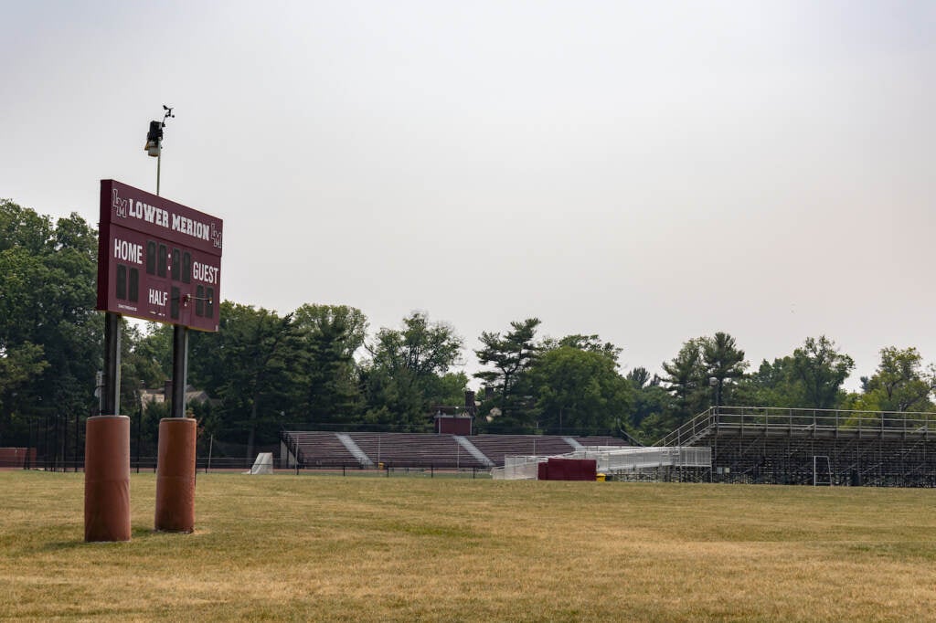 Scoreboard on the school's sports field.